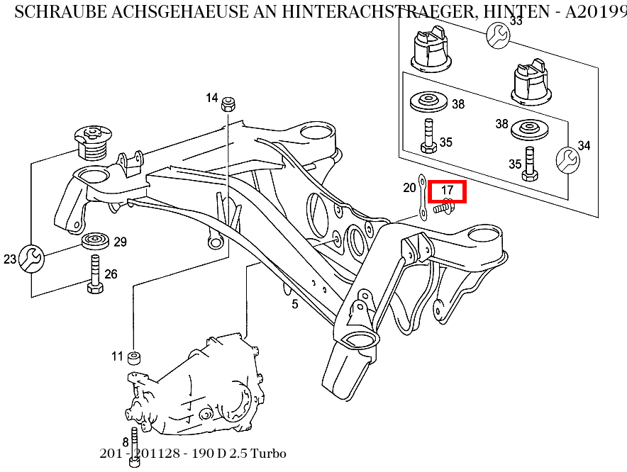 Schraube ACHSGEHAEUSE AN HINTERACHSTRAEGER, HINTEN 190 D 2.5 Turbo 201 Schraube ACHSGEHAEUSE AN HINTERACHSTRAEGER, HINTEN 190 D 2.5 Turbo 201