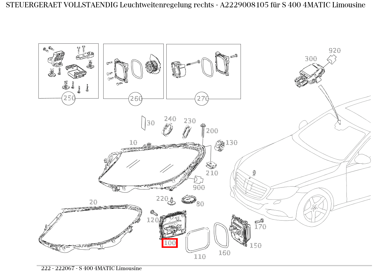 Steuergerät vollständig Leuchtweitenregelung rechts S 400 4MATIC Limousine 222