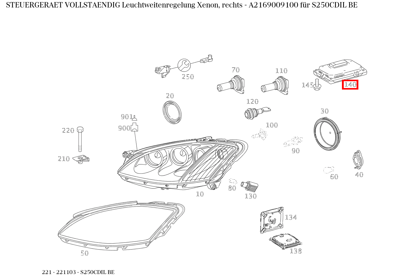 Steuergerät vollständig Leuchtweitenregelung Xenon, rechts S250CDIL BE 221 Steuergerät vollständig Leuchtweitenregelung Xenon, rechts S250CDIL BE 221