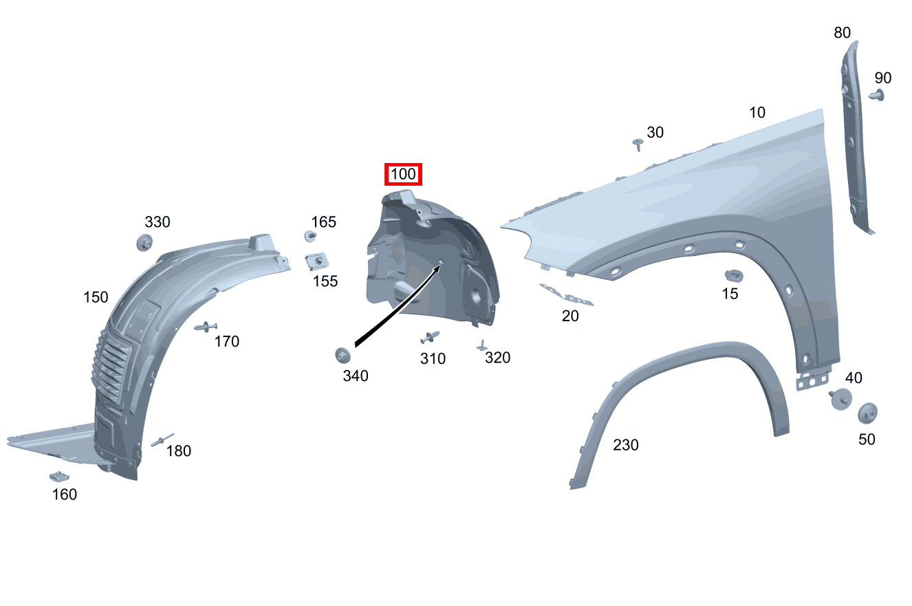 RADLAUFABDECKUNG Rechts Vorderkotflügel für C 205, S 222, GLE 167 