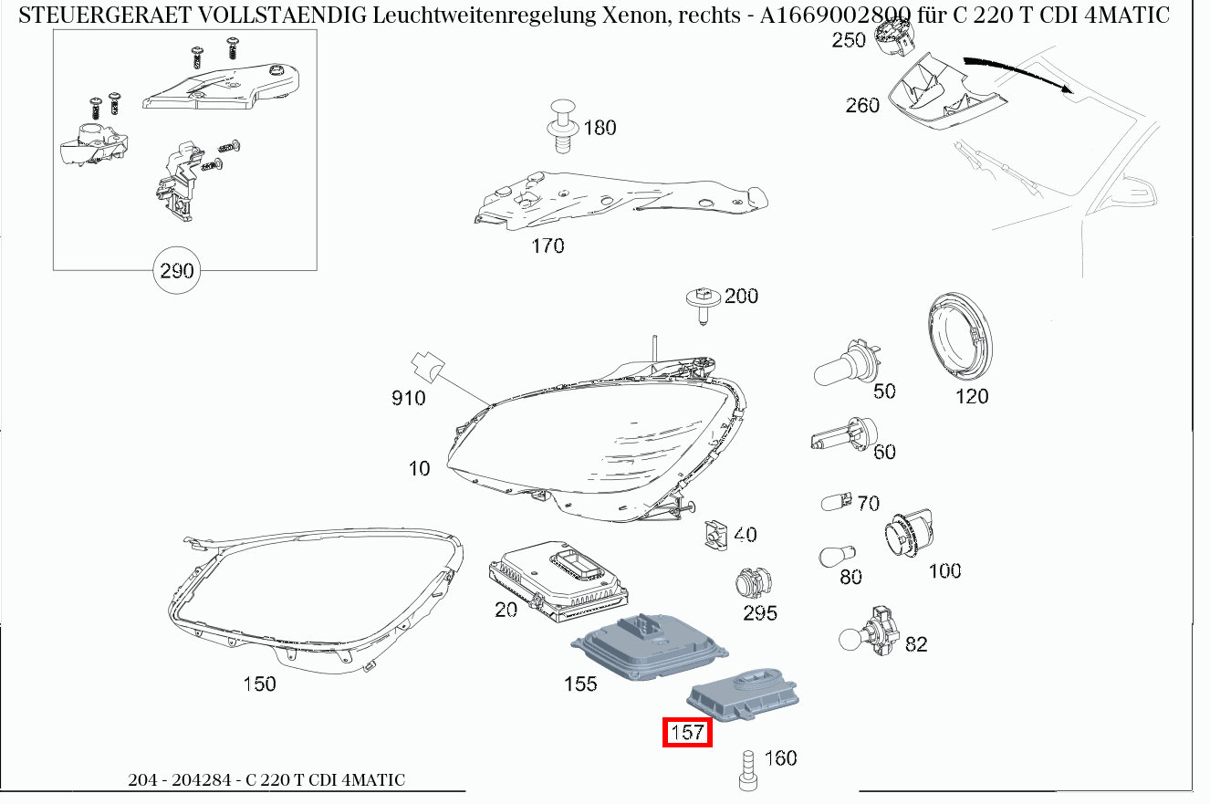 Steuergerät vollständig Leuchtweitenregelung Xenon, rechts C 220 T CDI 4MATIC 204