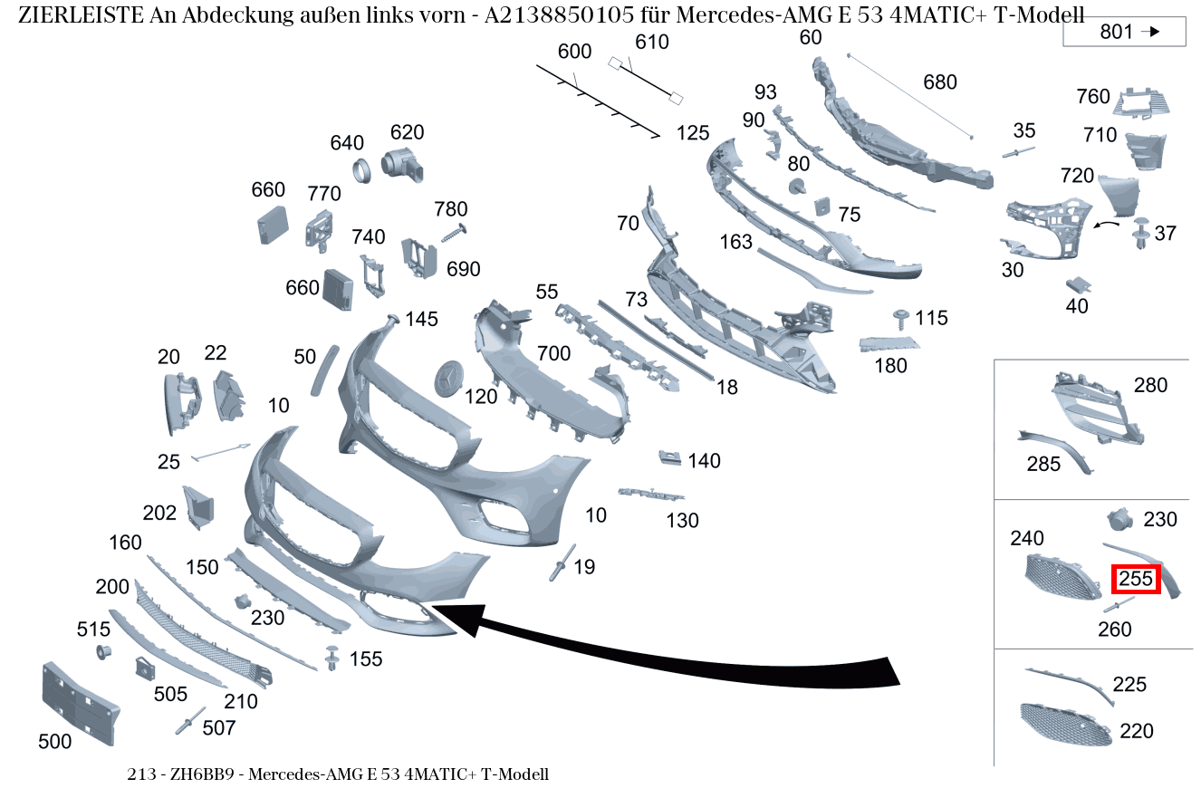 Zierleiste An Abdeckung außen links vorn Mercedes-AMG E 53 4MATIC+ T-Modell 213 Zierleiste An Abdeckung außen links vorn Mercedes-AMG E 53 4MATIC+ T-Modell 213