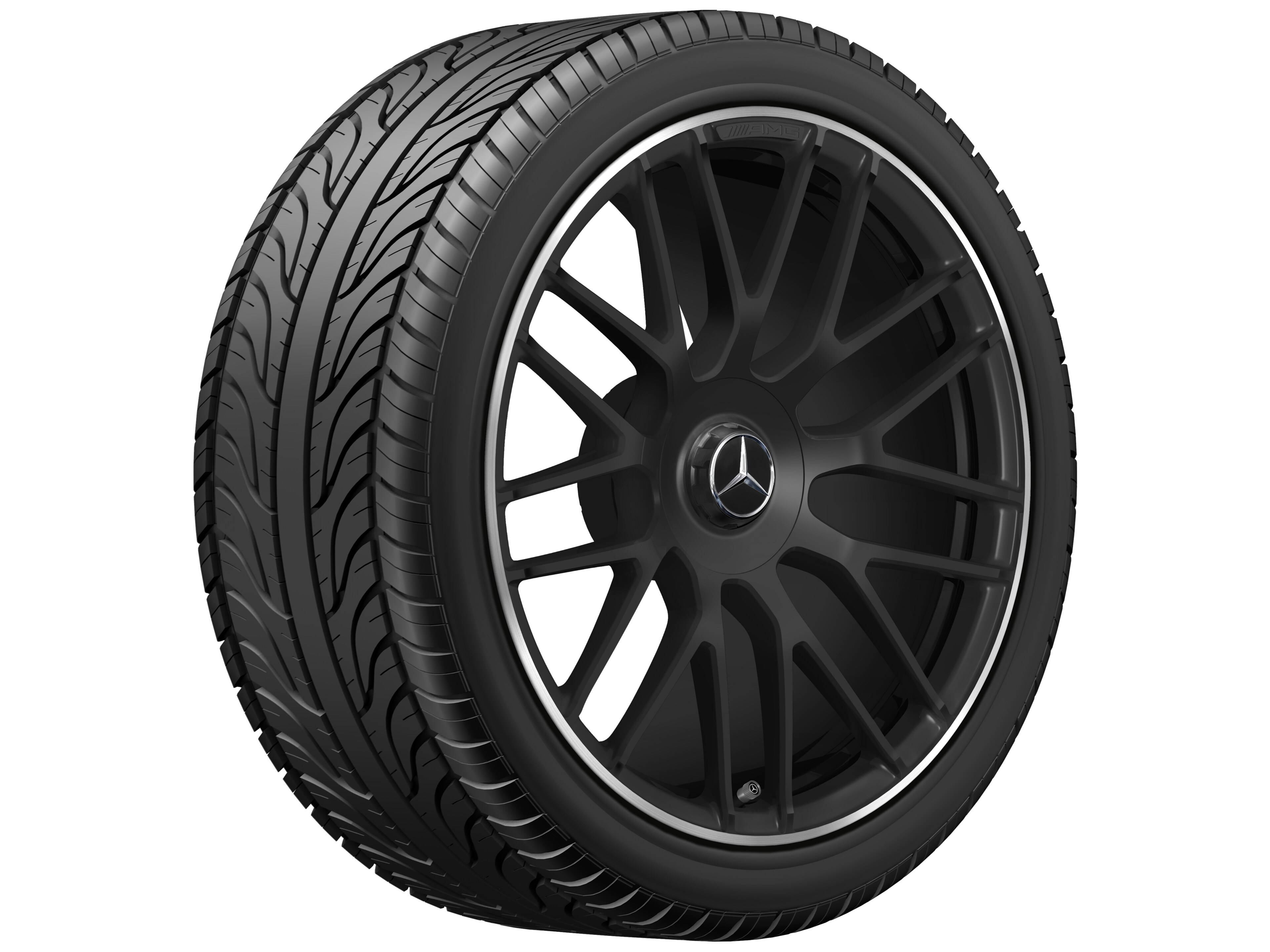 Mercedes-Benz -  AMG Schmiederad im Kreuzspeichen-Design, 19 Zoll, 8,5 J x 19 ET 38, schwarz matt, Felgenhorn glanzgedreht