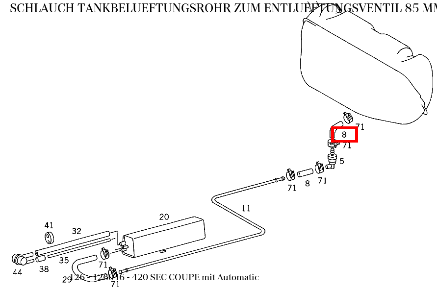 Schlauch TANKBELUEFTUNGSROHR ZUM ENTLUEFTUNGSVENTIL 85 MM; 7,3 X 3 MM 420 SEC COUPE mit Automatic 126