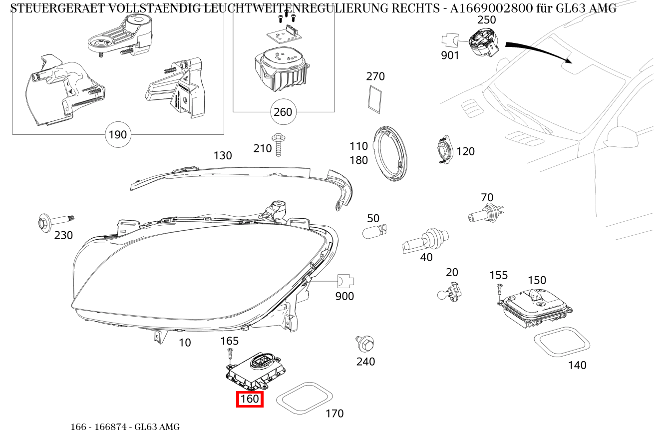 Steuergerät vollständig LEUCHTWEITENREGULIERUNG RECHTS GL63 AMG 166