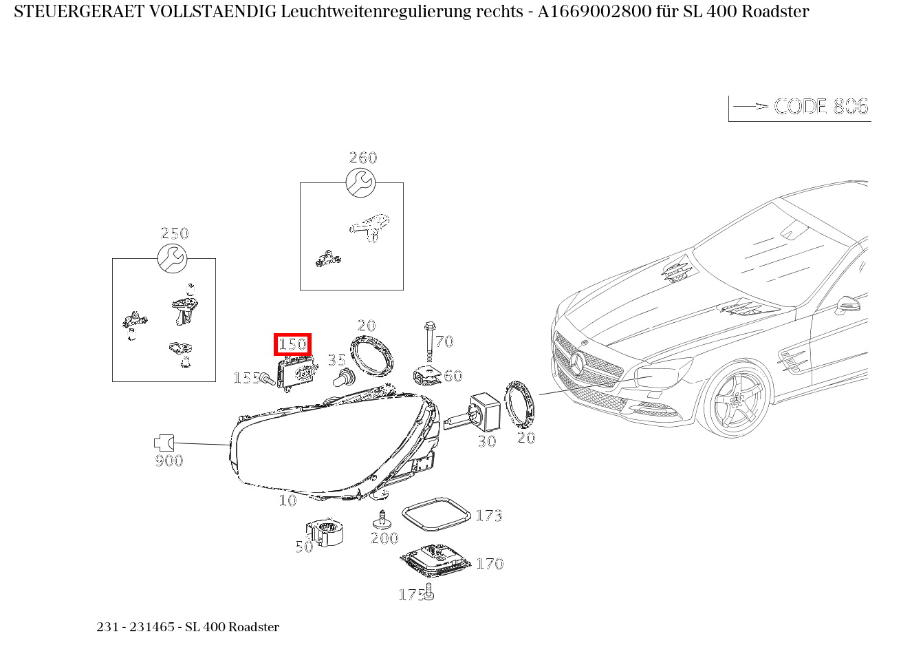Steuergerät vollständig Leuchtweitenregulierung rechts SL 400 Roadster 231