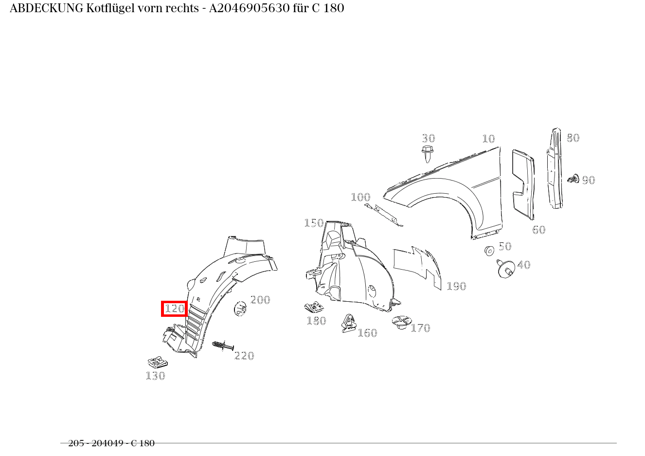 Abdeckung Kotflügel vorn rechts C 180 205 Abdeckung Kotflügel vorn rechts C 180 205