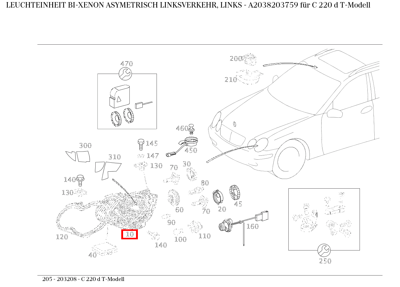 Leuchteinheit BI-XENON ASYMETRISCH LINKSVERKEHR, LINKS C 220 d T-Modell 205 Leuchteinheit BI-XENON ASYMETRISCH LINKSVERKEHR, LINKS C 220 d T-Modell 205