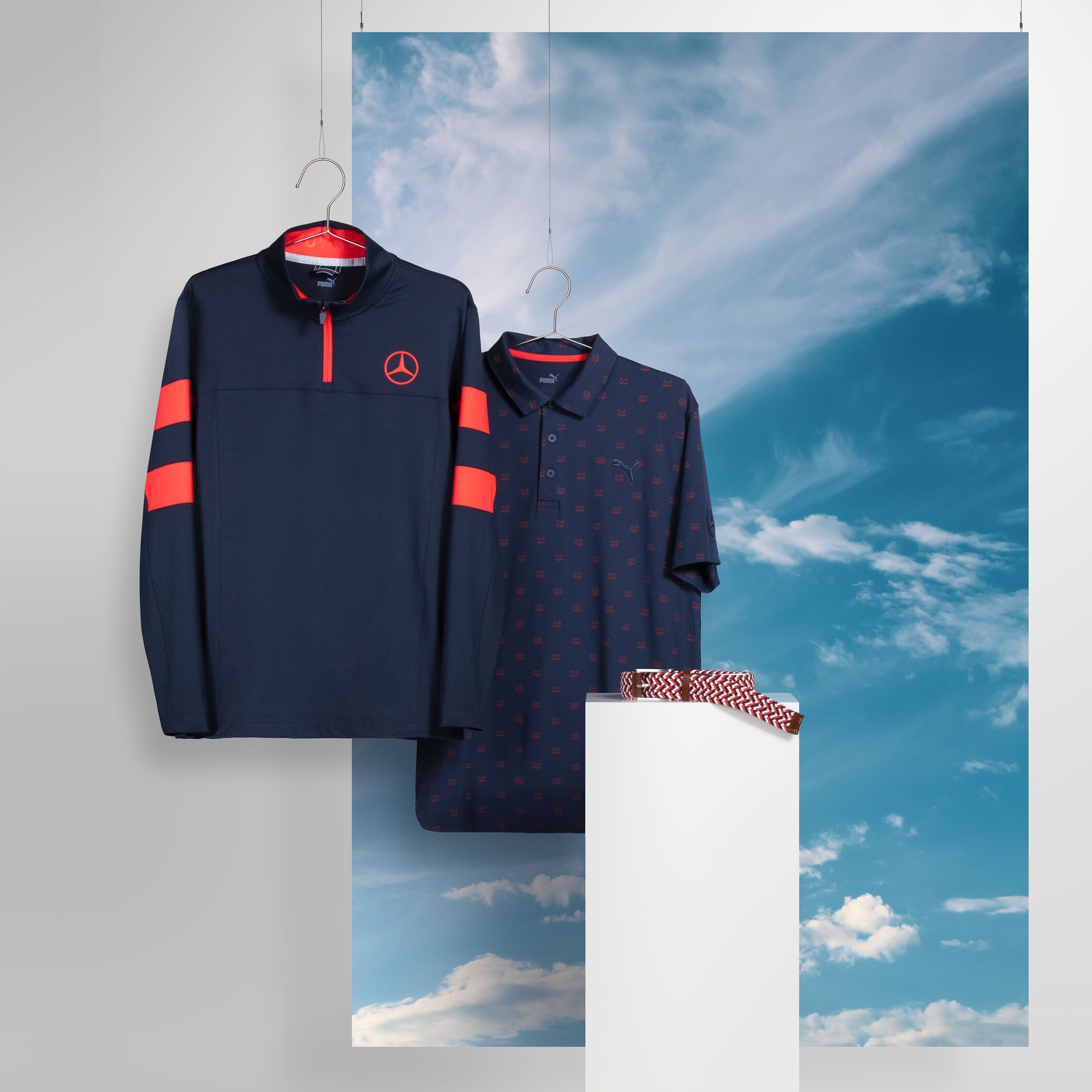 Mercedes-Benz - Men's golf polo shirt (navy) & Men's golf sweater (navy/red) & golf belt Men's golf polo shirt (navy) & Men's golf sweater (navy/red) & golf belt