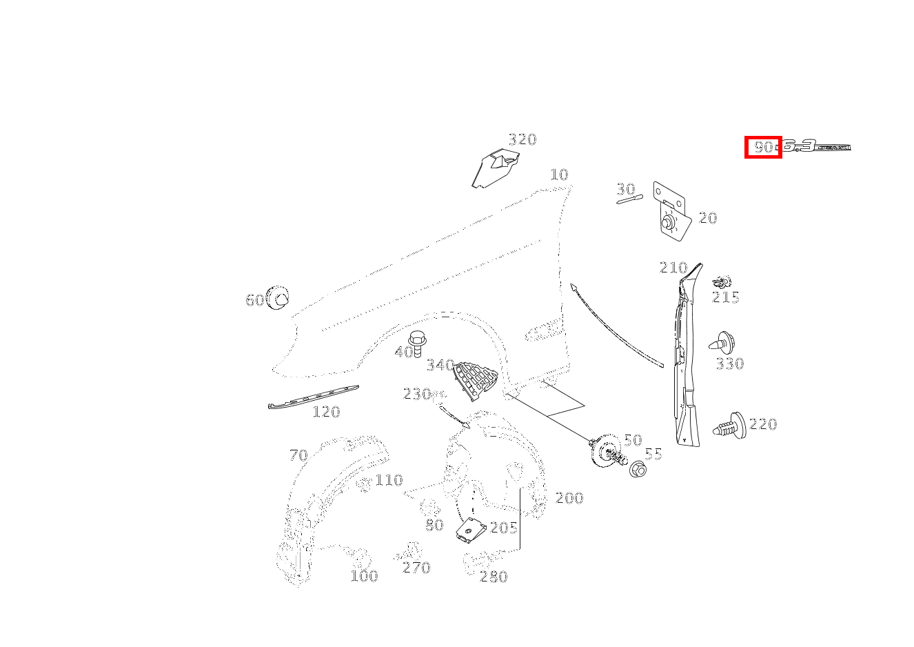 TYPENKENNZEICHEN AN KOTFLUEGEL,VORN LINKS UND RECHTS; 6.3 AMG E 63 AMG T-Modell 211 TYPENKENNZEICHEN AN KOTFLUEGEL,VORN LINKS UND RECHTS; 6.3 AMG E 63 AMG T-Modell 211