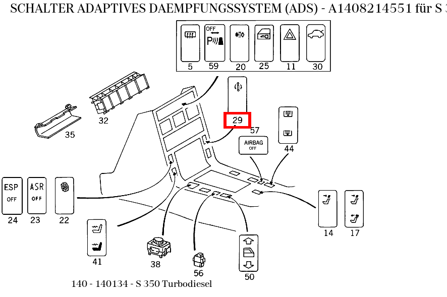Schalter ADAPTIVES DAEMPFUNGSSYSTEM (ADS) S 350 Turbodiesel 140 Schalter ADAPTIVES DAEMPFUNGSSYSTEM (ADS) S 350 Turbodiesel 140