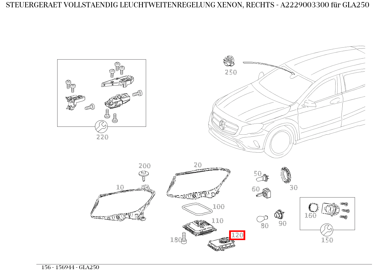 Steuergerät vollständig LEUCHTWEITENREGELUNG XENON, RECHTS GLA250 156 Steuergerät vollständig LEUCHTWEITENREGELUNG XENON, RECHTS GLA250 156