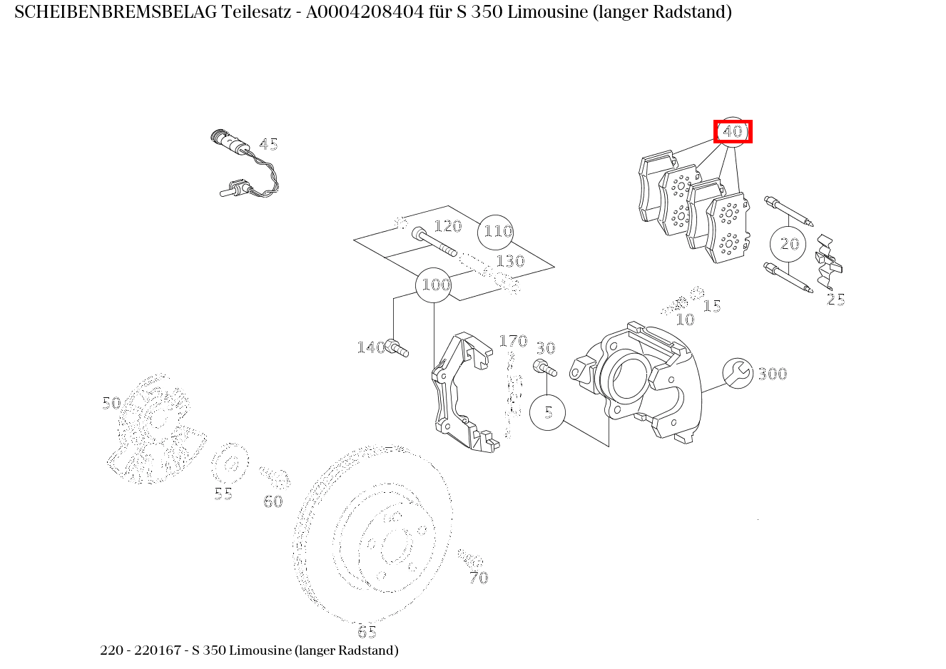 Scheibenbremsbelag Teilesatz S 350 Limousine (langer Radstand) 220 Scheibenbremsbelag Teilesatz S 350 Limousine (langer Radstand) 220
