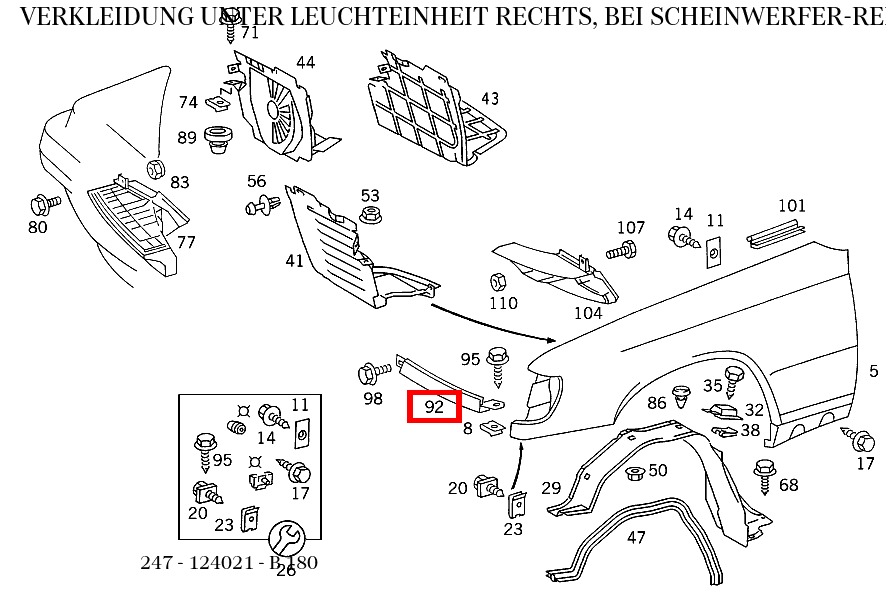 Verkleidung UNTER LEUCHTEINHEIT RECHTS, BEI SCHEINWERFER-REINIGUNGSANLAGE B 180 247