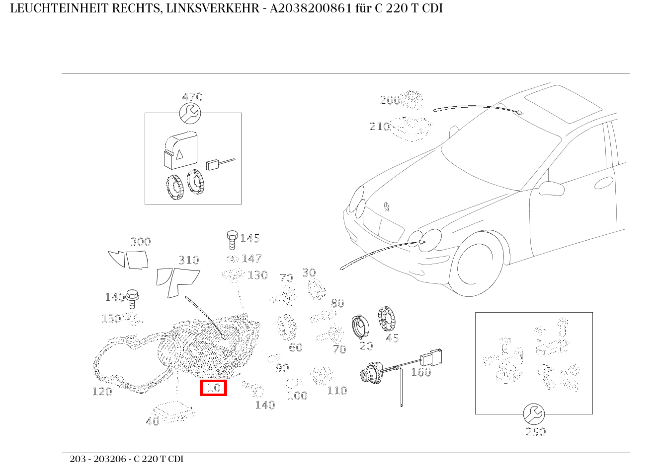 Leuchteinheit RECHTS, LINKSVERKEHR C 220 T CDI 203