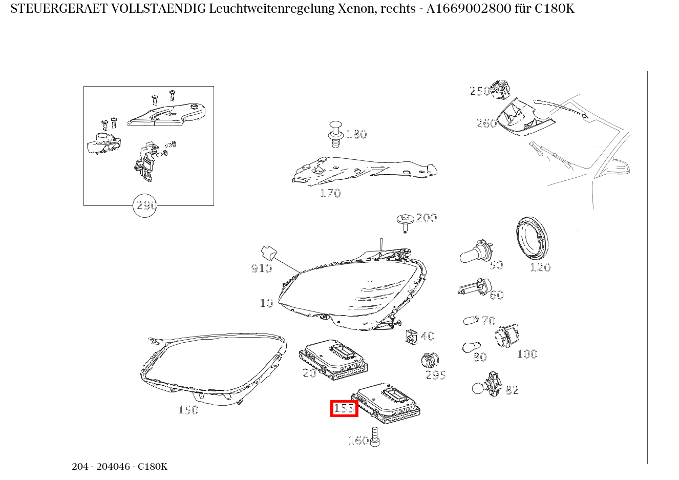 Steuergerät vollständig Leuchtweitenregelung Xenon, rechts C180K 204