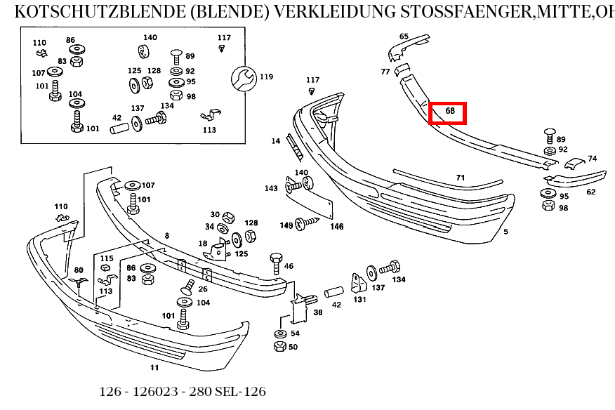 Blende VERKLEIDUNG STOSSFAENGER,MITTE,OHNE LOCH für SE-Klasse 126 