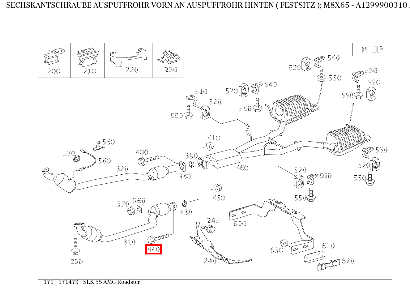 Sechskantschraube AUSPUFFROHR VORN AN AUSPUFFROHR HINTEN ( FESTSITZ ); M8X65 SLK 55 AMG Roadster 171