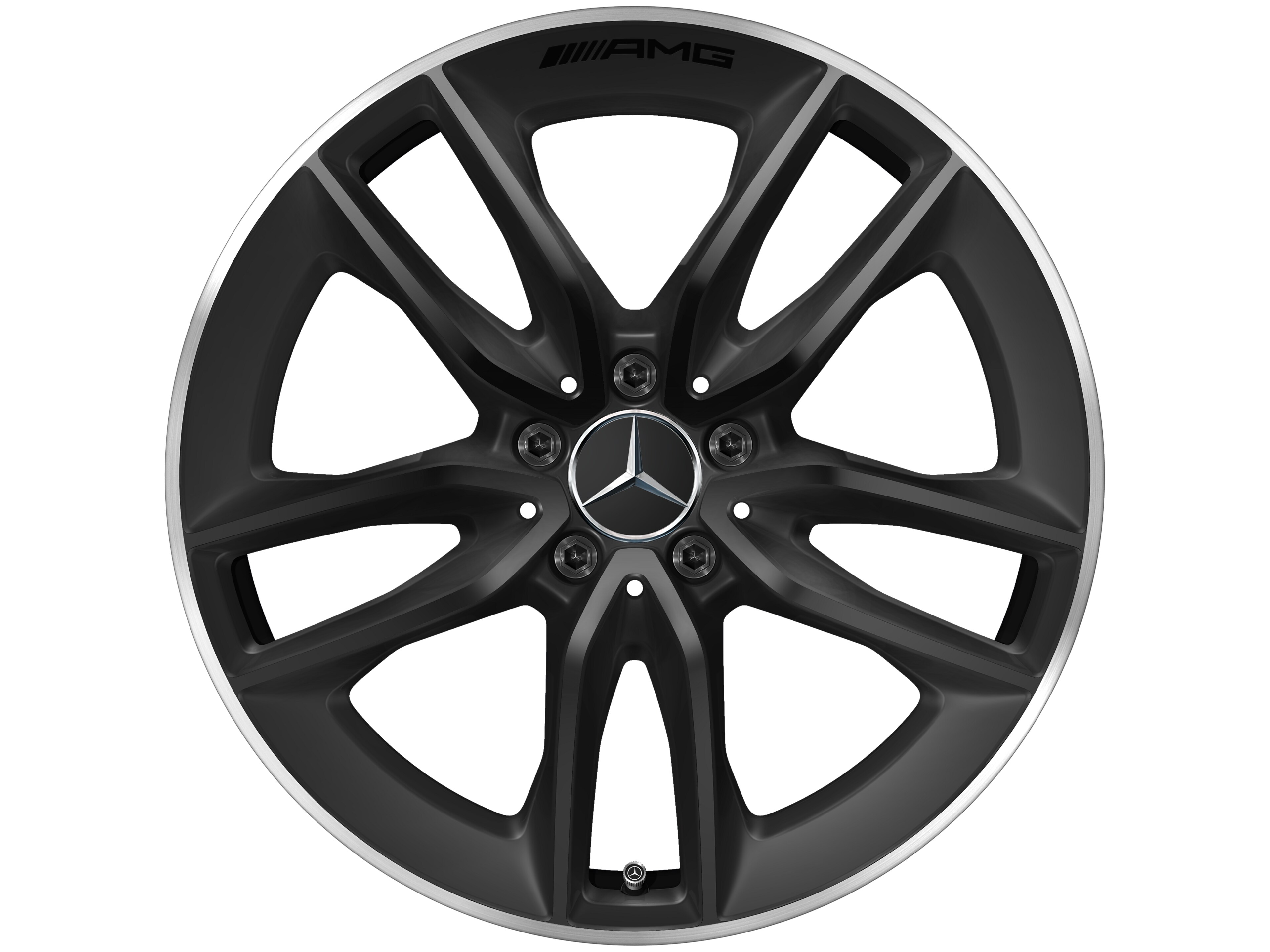 Mercedes-Benz - AMG 5-Doppelspeichen-Rad, 48,3 cm (19 Zoll), Felgenhorn glanzgedreht 9,5 J x 19 ET 22,5, schwarz matt