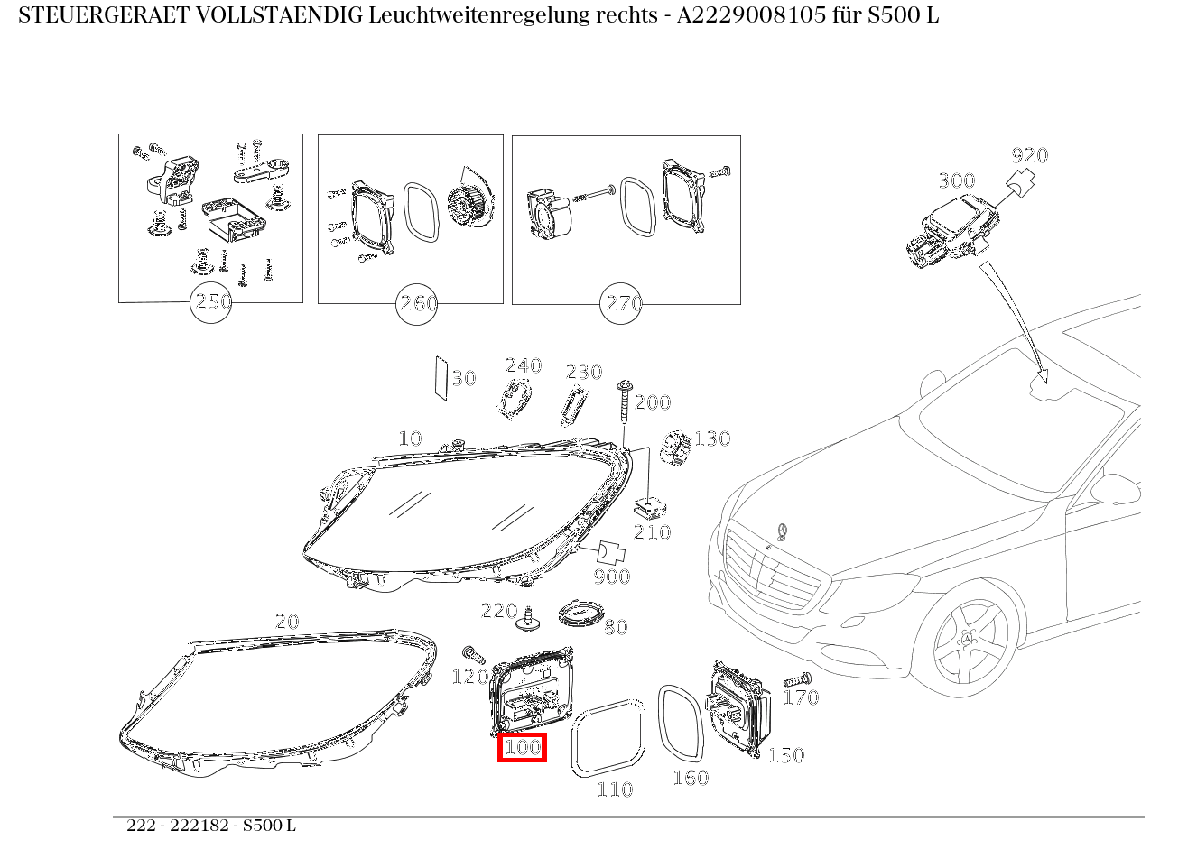 Steuergerät vollständig Leuchtweitenregelung rechts S500 L 222