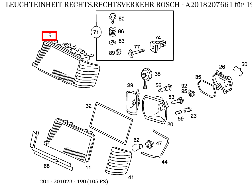 Leuchteinheit RECHTS,RECHTSVERKEHR BOSCH 190 (105 PS) 201