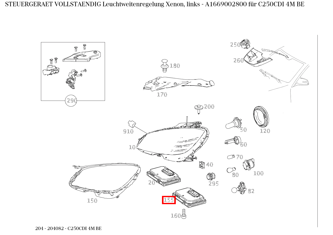 Steuergerät vollständig Leuchtweitenregelung Xenon, links C250CDI 4M BE 204