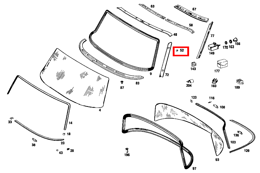 Scheibe FENSTERSCHLUESSEL OBEN AN DACHRAHMEN VORN 280 SE 108