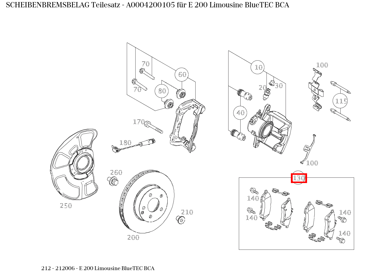 Scheibenbremsbelag Teilesatz E 200 Limousine BlueTEC BCA 212 Scheibenbremsbelag Teilesatz E 200 Limousine BlueTEC BCA 212