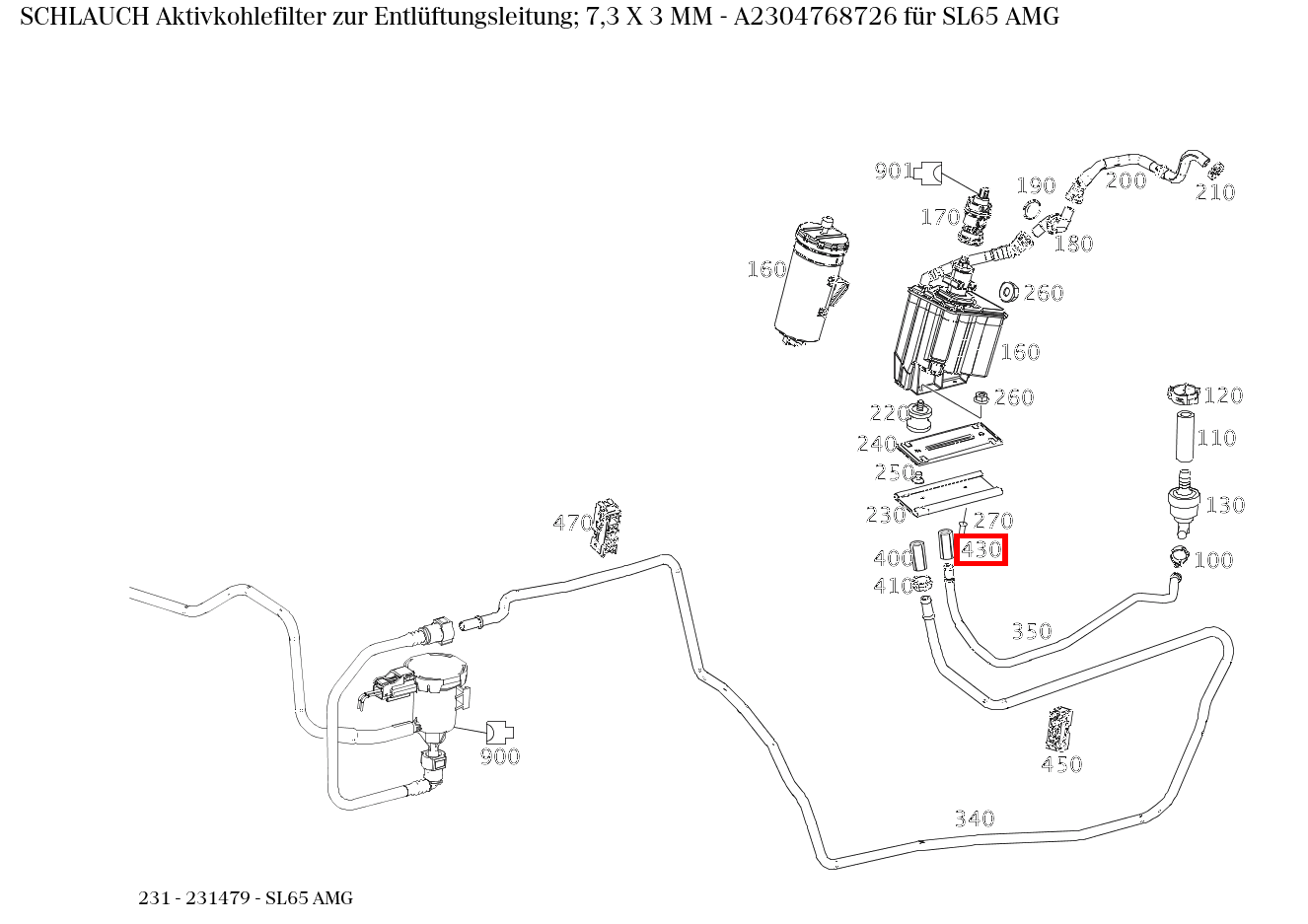 Schlauch Aktivkohlefilter zur Entlüftungsleitung; 7,3 X 3 MM SL65 AMG 231