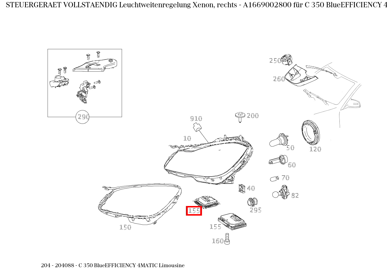 Steuergerät vollständig Leuchtweitenregelung Xenon, rechts C 350 BlueEFFICIENCY 4MATIC Limousine 204