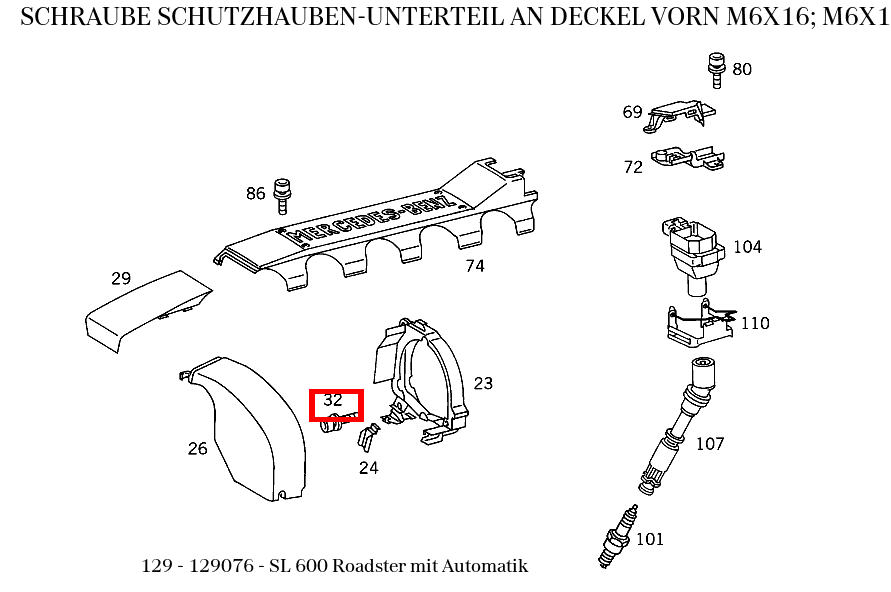 Schraube SCHUTZHAUBEN-UNTERTEIL AN DECKEL VORN M6X16; M6X15 SL 600 Roadster mit Automatik 129 Schraube SCHUTZHAUBEN-UNTERTEIL AN DECKEL VORN M6X16; M6X15 SL 600 Roadster mit Automatik 129