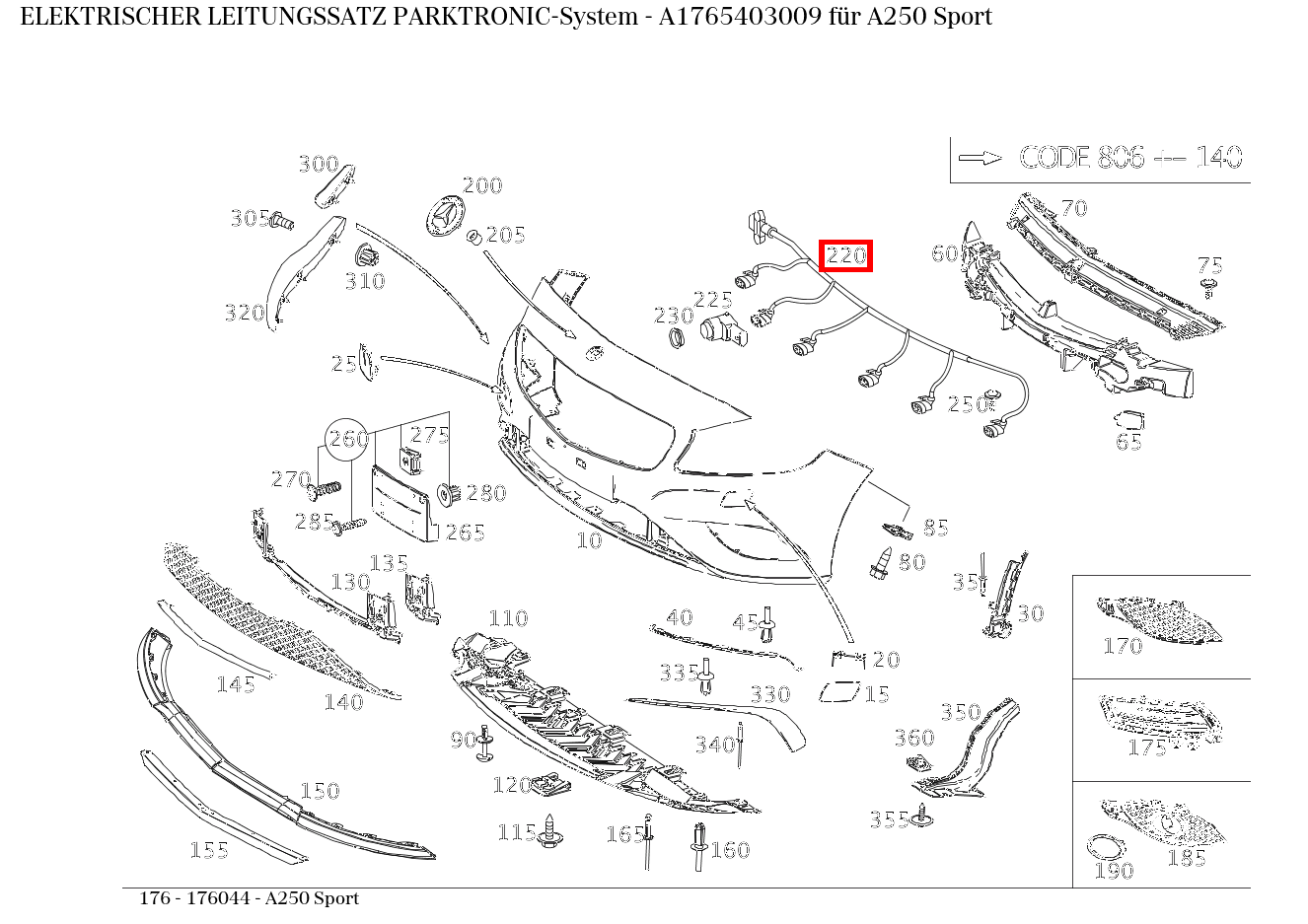 Elektrischer Leitungssatz PARKTRONIC-System A250 Sport 176