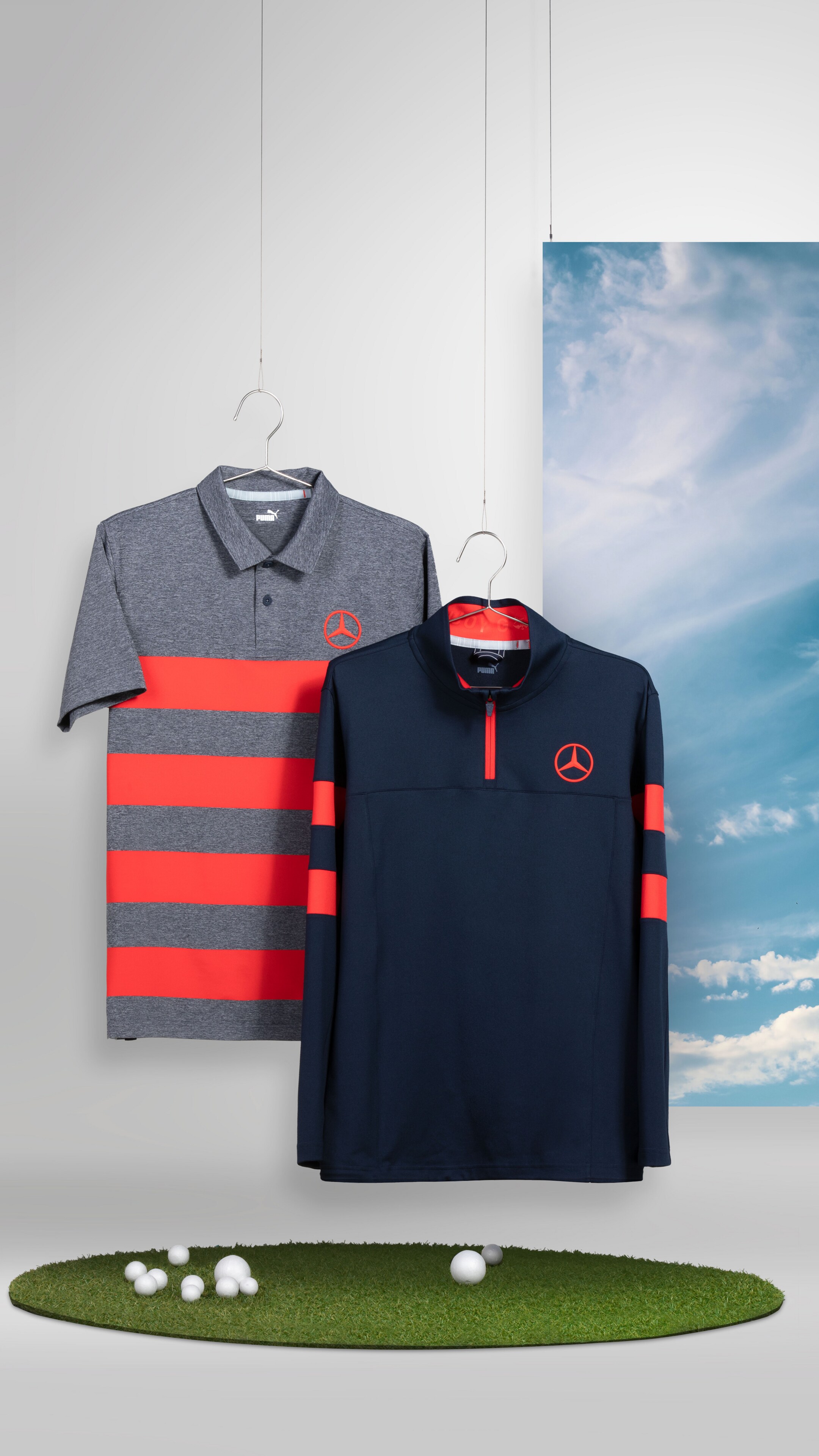 Men's golf polo shirt (grey/red) & Men's golf sweater (navy/red)