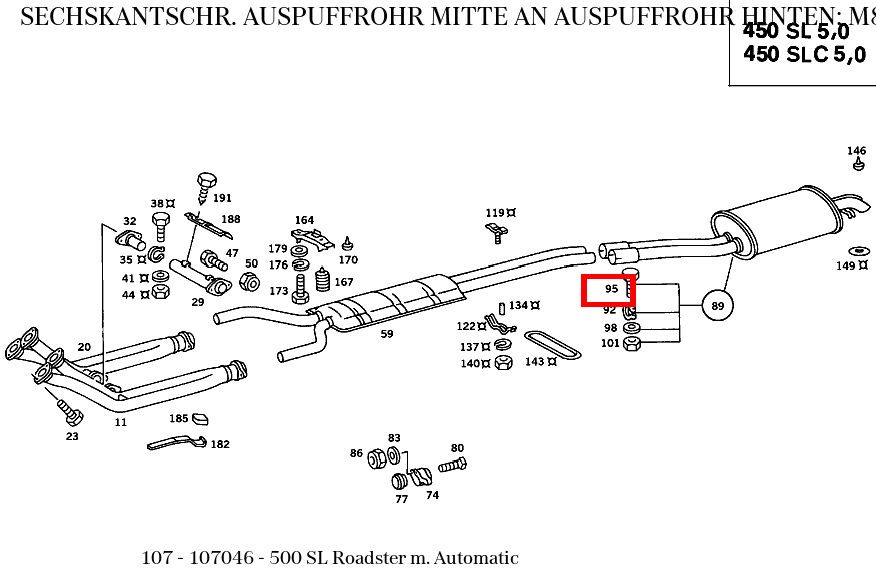 Sechskantschraube AUSPUFFROHR MITTE AN AUSPUFFROHR HINTEN; M8X55 - 8.8 500 SL Roadster m. Automatic 107