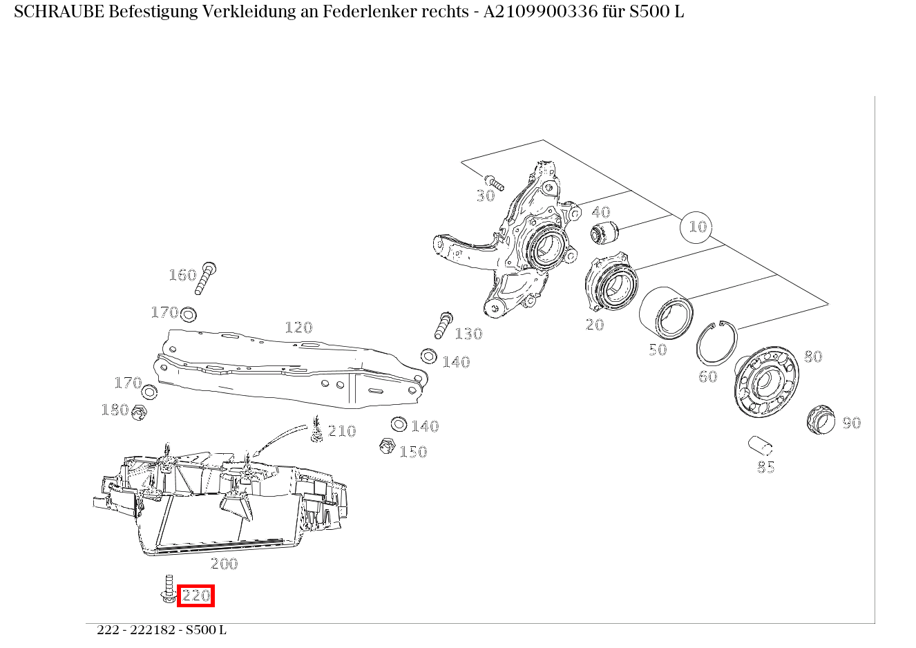 Schraube Befestigung Verkleidung an Federlenker rechts S500 L 222