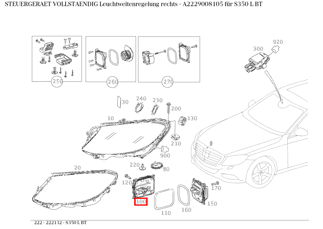 Steuergerät vollständig Leuchtweitenregelung rechts S350 L BT 222