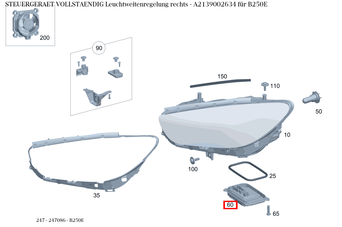 Steuergerät vollständig Leuchtweitenregelung rechts B250E 247 Steuergerät vollständig Leuchtweitenregelung rechts B250E 247