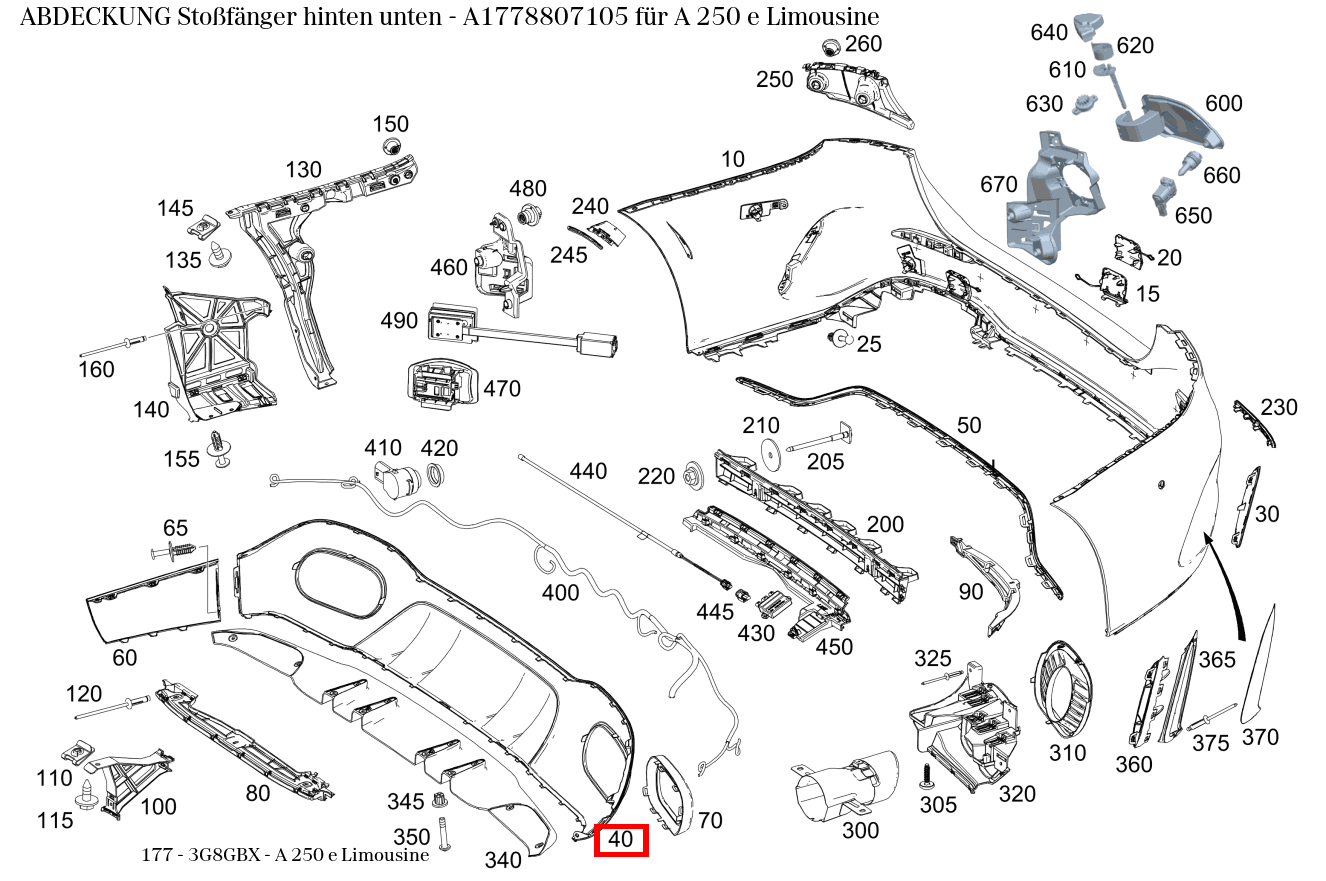 Abdeckung Stoßfänger hinten unten A 250 e Limousine 177 Abdeckung Stoßfänger hinten unten A 250 e Limousine 177
