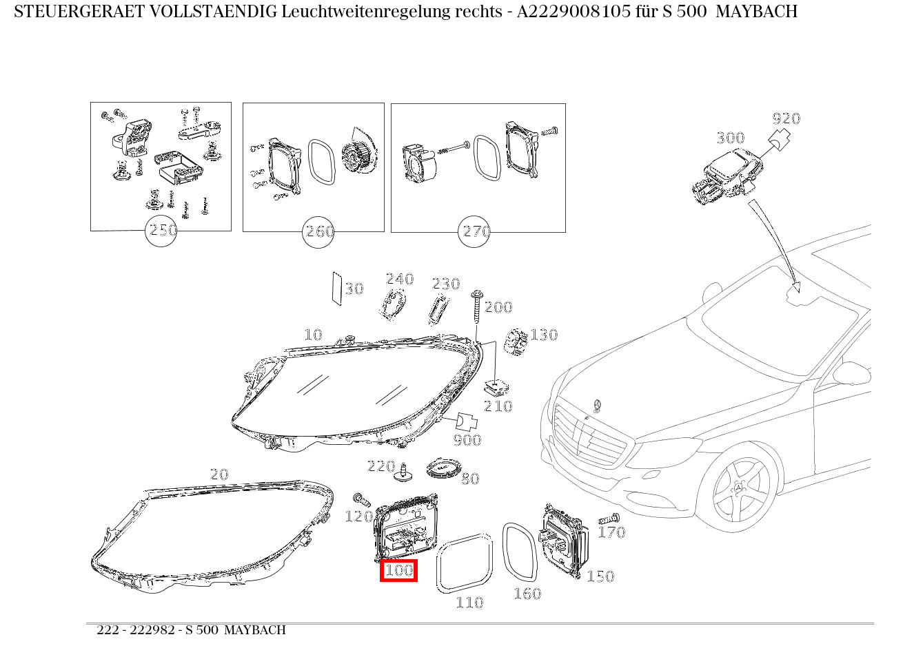 Steuergerät vollständig Leuchtweitenregelung rechts S 500 MAYBACH 222