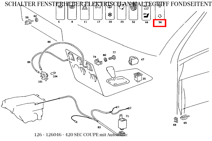 Schalter FENSTERHEBER ELEKTRISCH,AN HALTEGRIFF FONDSEITENTEIL LINKS 420 SEC COUPE mit Automatic 126 Schalter FENSTERHEBER ELEKTRISCH,AN HALTEGRIFF FONDSEITENTEIL LINKS 420 SEC COUPE mit Automatic 126