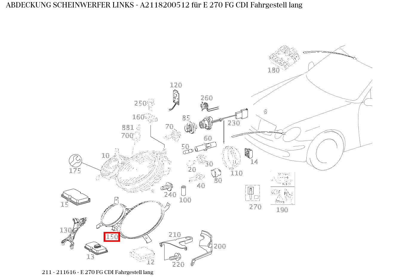 Abdeckung SCHEINWERFER LINKS E 270 FG CDI Fahrgestell lang 211 Abdeckung SCHEINWERFER LINKS E 270 FG CDI Fahrgestell lang 211