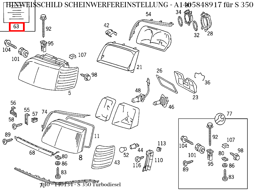 Hinweisschild SCHEINWERFEREINSTELLUNG S 350 Turbodiesel 140 Hinweisschild SCHEINWERFEREINSTELLUNG S 350 Turbodiesel 140