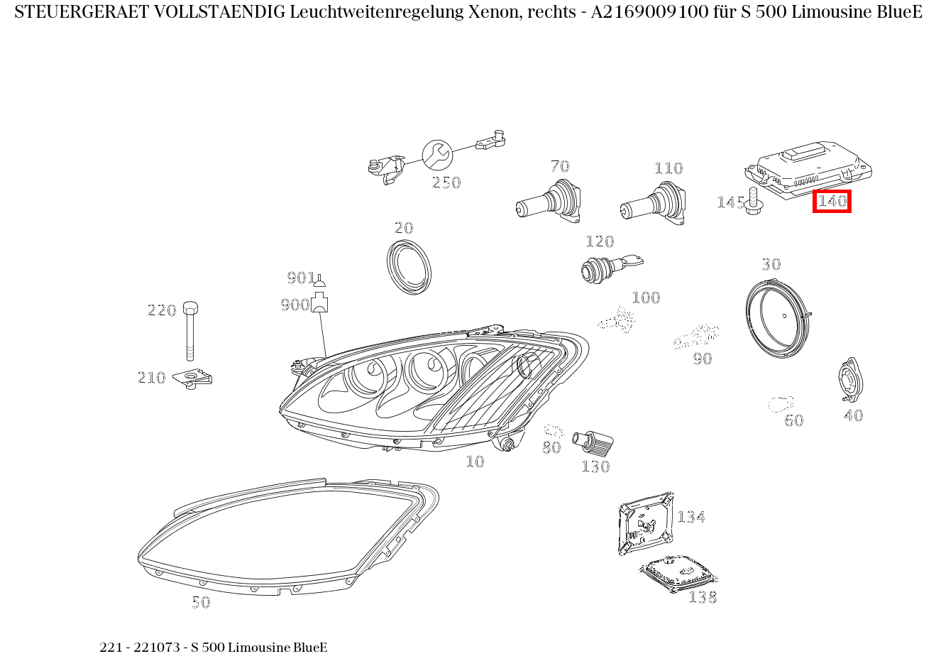 Steuergerät vollständig Leuchtweitenregelung Xenon, rechts S 500 Limousine BlueE 221 Steuergerät vollständig Leuchtweitenregelung Xenon, rechts S 500 Limousine BlueE 221