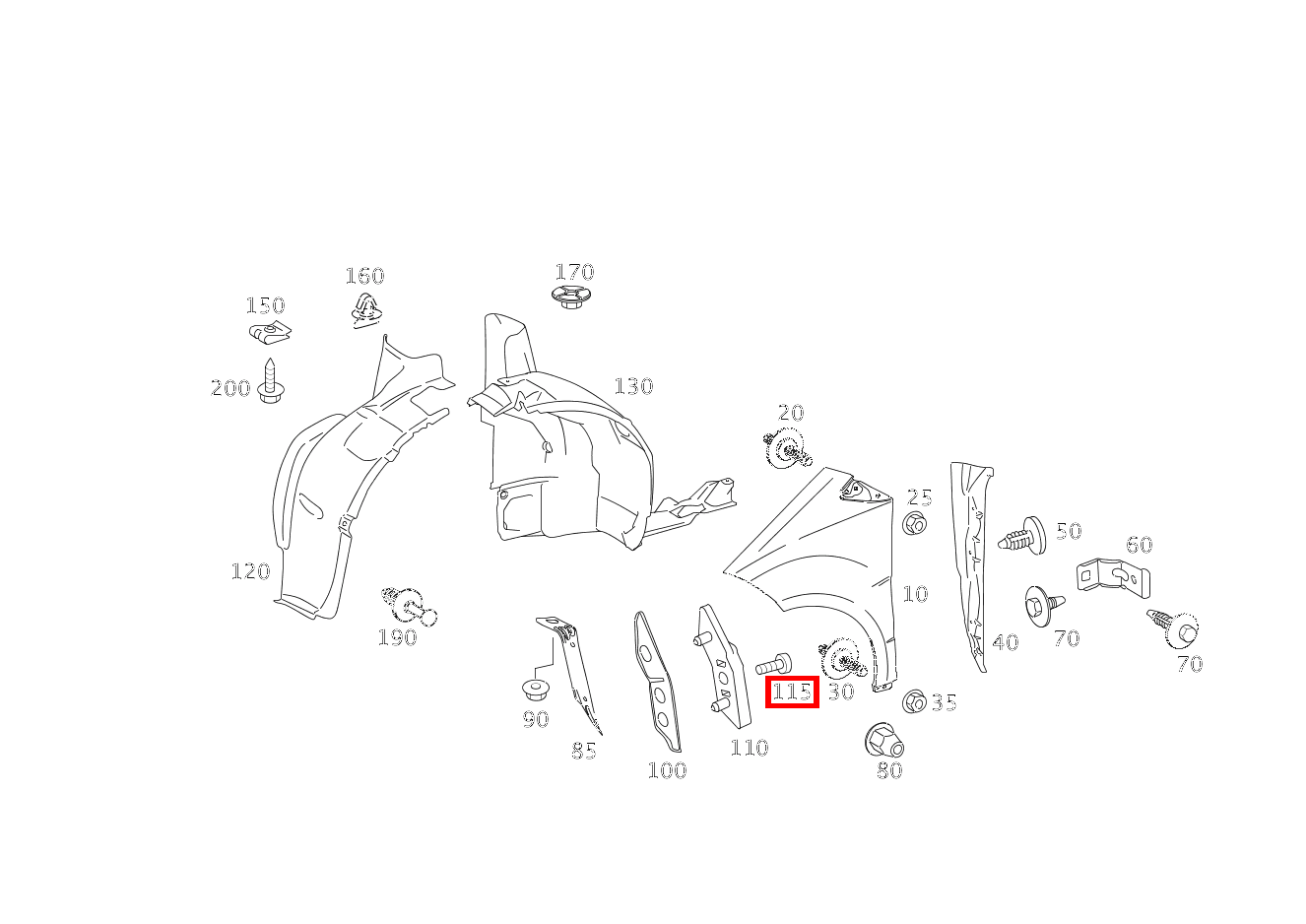 Blechschraube KOTFLUEGEL AN STOSSFAENGER; ST4.8X25-R-B A 200 TURBO COUPE 169