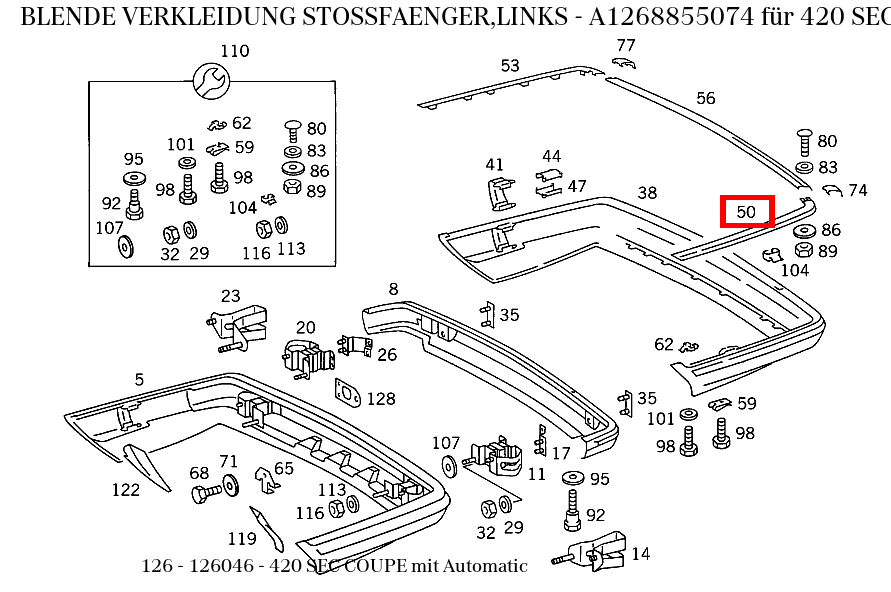 Blende VERKLEIDUNG STOSSFAENGER,LINKS 420 SEC COUPE mit Automatic 126 Blende VERKLEIDUNG STOSSFAENGER,LINKS 420 SEC COUPE mit Automatic 126