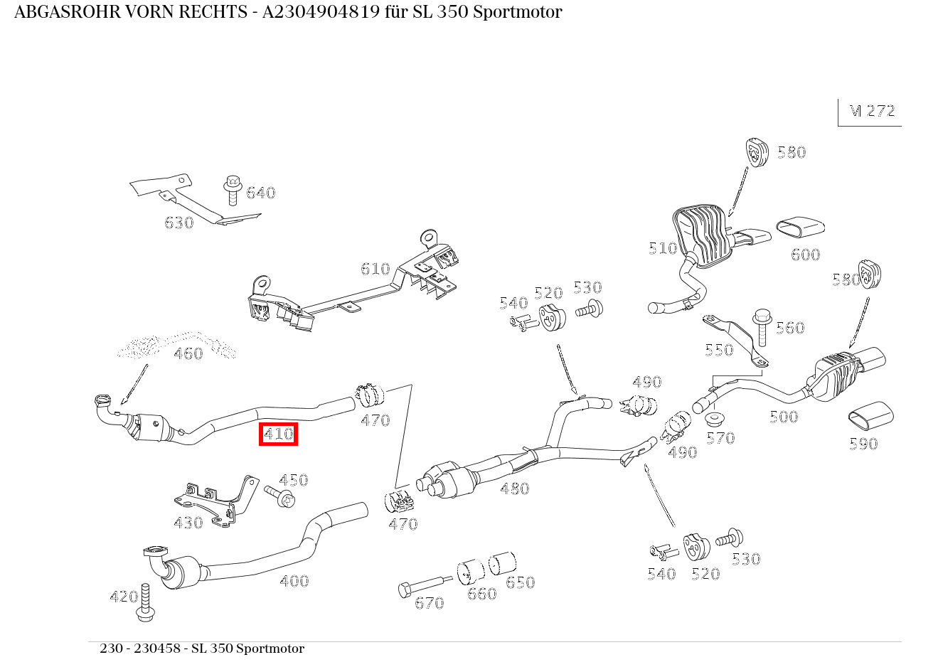 Abgasrohr VORN RECHTS SL 350 Sportmotor 230