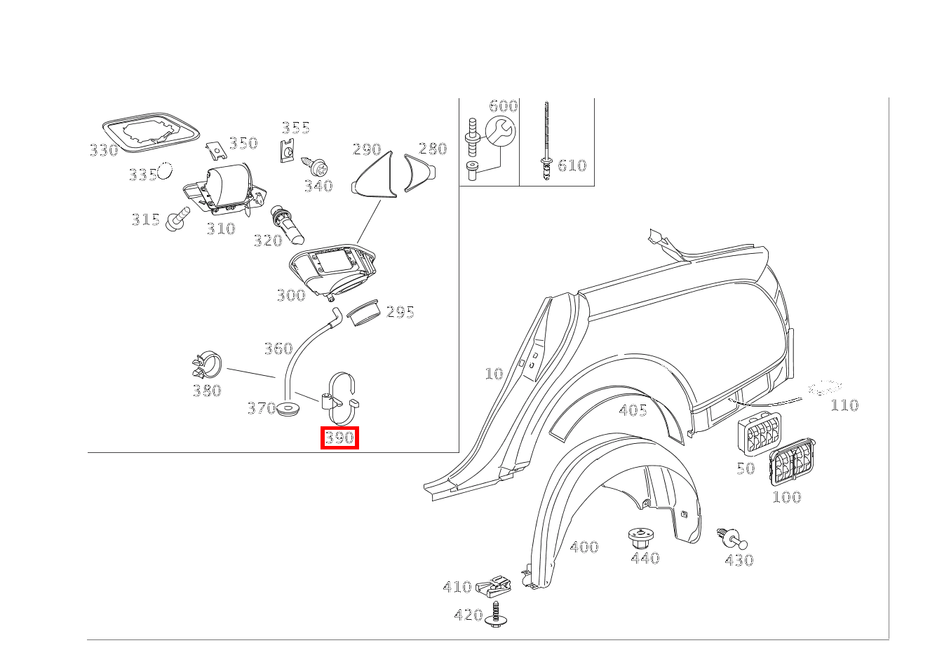 Kabelband ABLAUFROHR TANKEINFUELLSTUTZEN; 4.8X302 MM Maybach 62 S (langer Radstand) 240