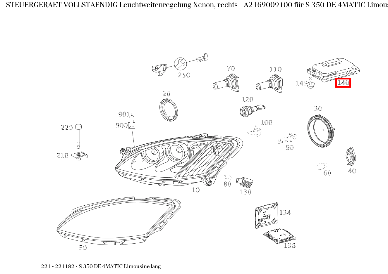 Steuergerät vollständig Leuchtweitenregelung Xenon, rechts S 350 DE 4MATIC Limousine lang 221 Steuergerät vollständig Leuchtweitenregelung Xenon, rechts S 350 DE 4MATIC Limousine lang 221