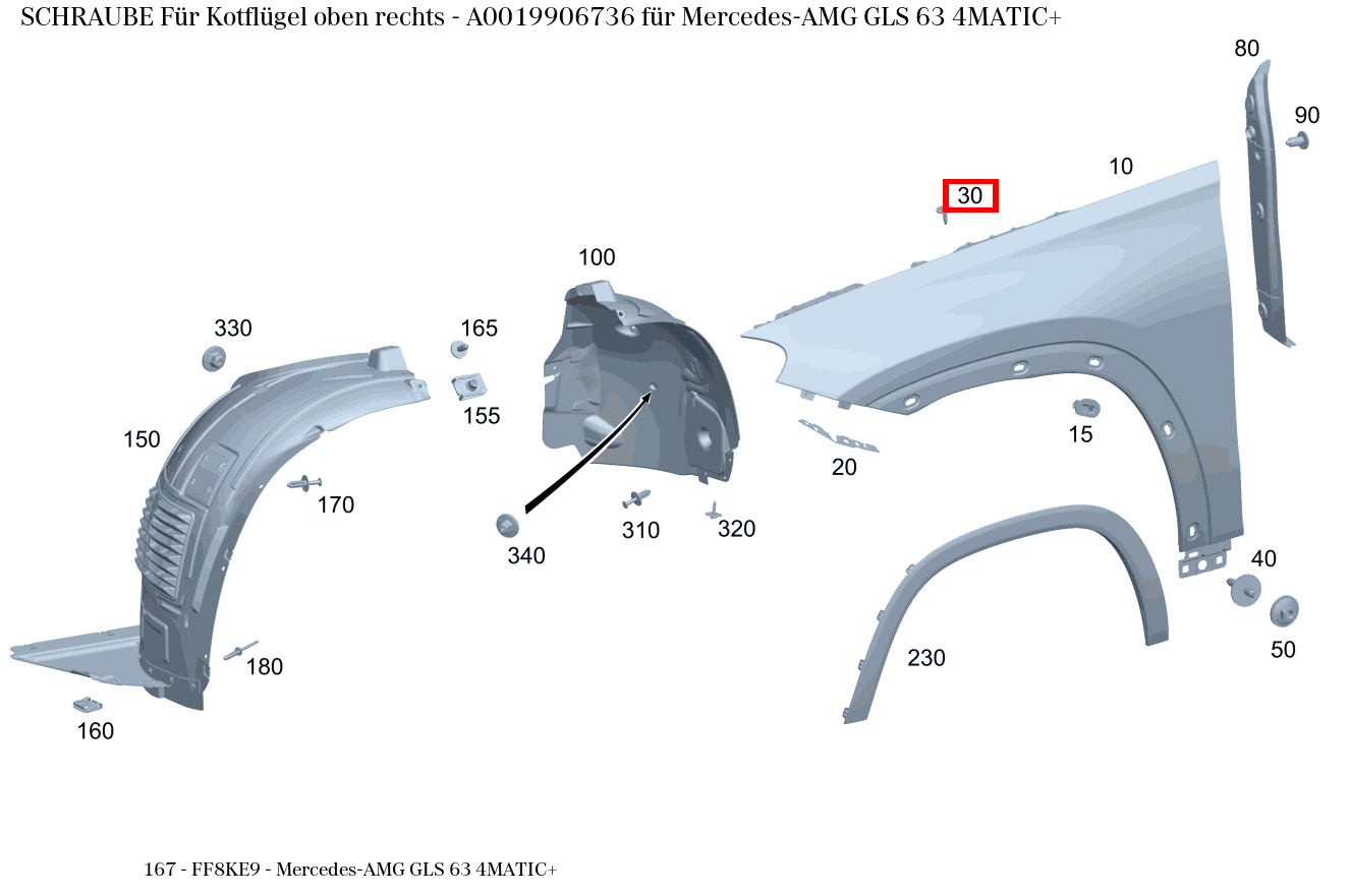 Schraube FUER KOTFLUEGEL OBEN RECHTS GLE 167, C 206, S 222 und 