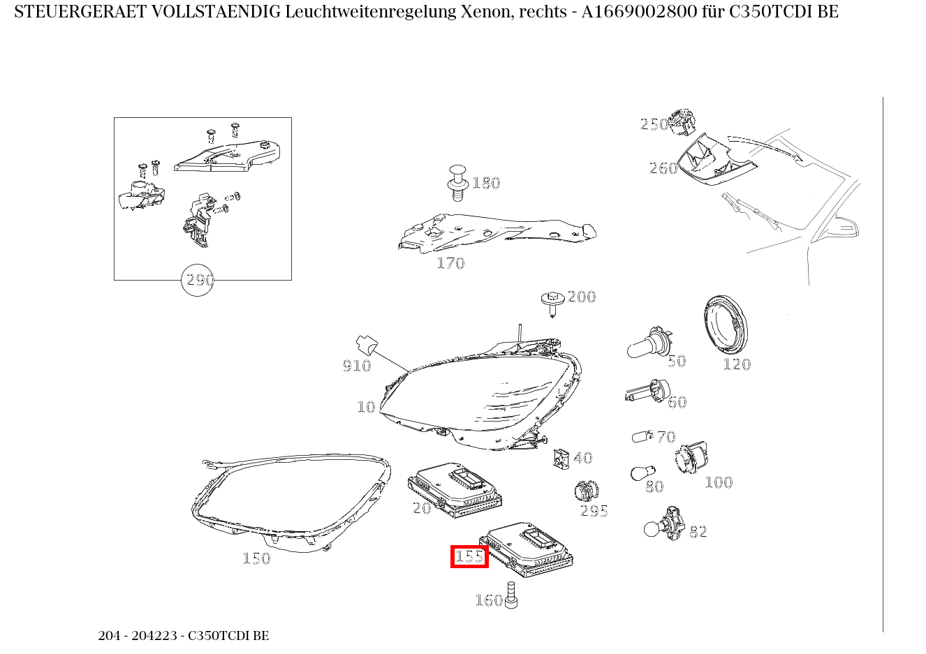 Steuergerät vollständig Leuchtweitenregelung Xenon, rechts C350TCDI BE 204